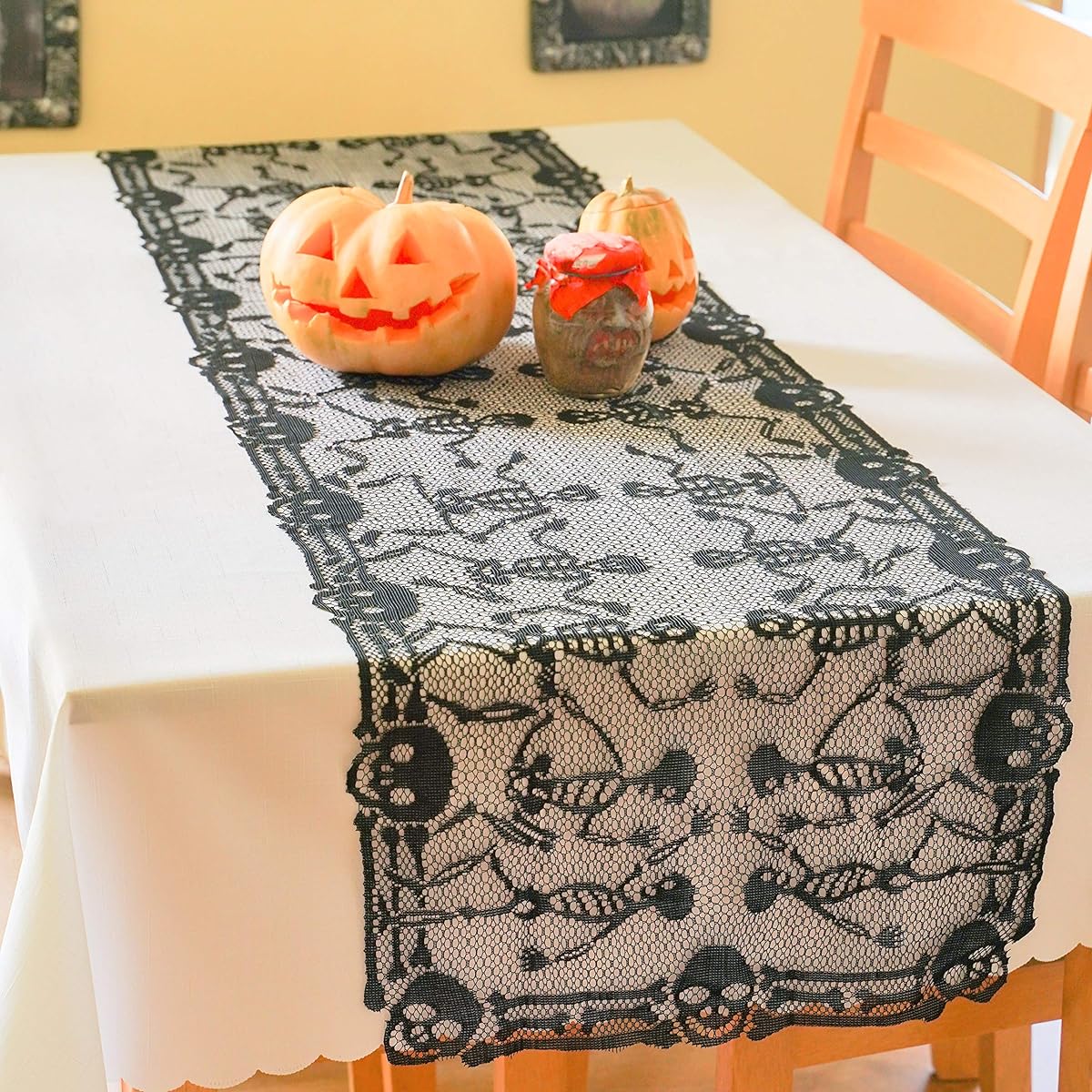 AHOLTA DESIGN Lace Black Halloween Table Runner Skeleton Halloween Table Runner Halloween Party Scary Movie Night Skeleton Fireplace Mantle Scarf 18x79 Inch Halloween Table Runner 18x79 Inch