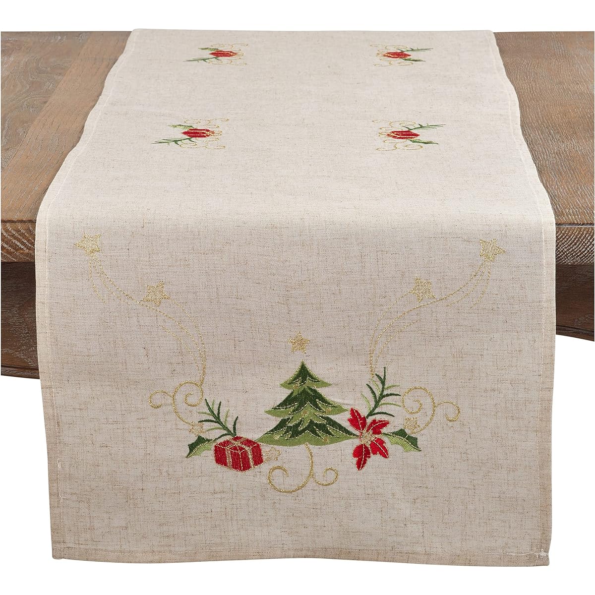 OccasionGallery Natural Poly Blend Linen Embroidered Christmas Tree Table Runner 16" x 54"