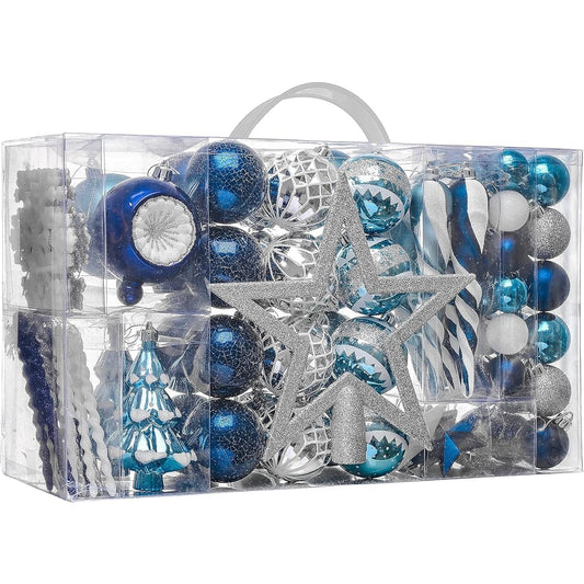 Valery Madelyn Christmas Ornament Set, 100 Karat Navy Blue Silver Shatterproof Christmas Tree Decorations Ball Ornaments Bulk Winter Wonderland Hanging Ornaments for Christmas Tree Holiday Decorations