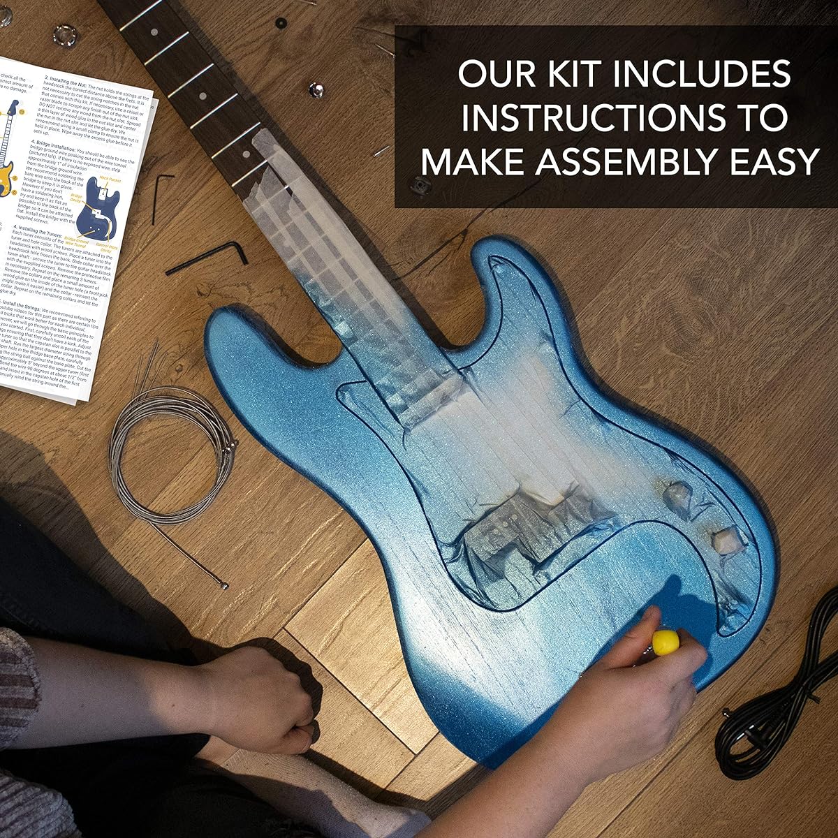 DIY Bass Guitar Kit - Build your own electric bass with Phoenix Tree Wood Body, Pickguard, Electronics, Maple Guitar Neck & Rosewood Fretboard - DIY Guitar Kit Bass Guitar Neck & Guitar Body