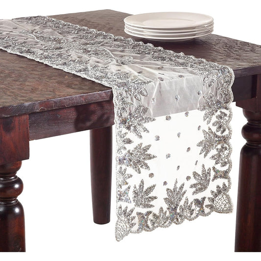 (41cm x 180cm, Pewter) - NTB01 Hand Beaded Design Table Runner, 41cm x 180cm Oblong, Pewter