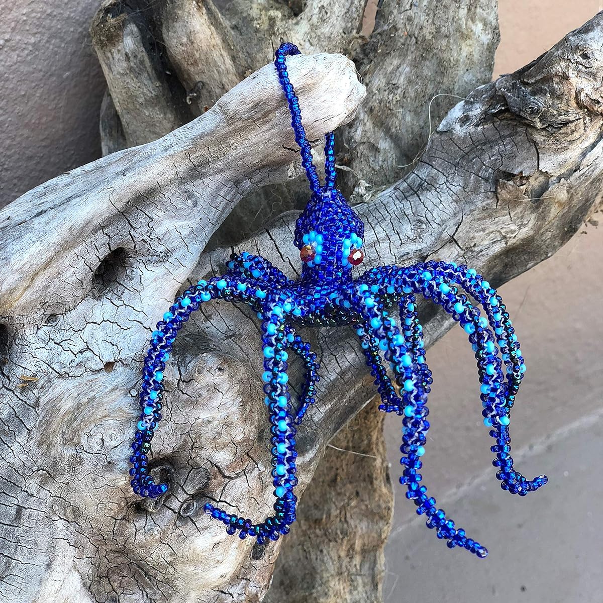 Mayan Arts Beaded Octopus Sea Christmas Ornament Decoration Jewelry Hand Woven Seed Beads Hanging Ornament Handmade in Guatemala 6 x 6 x 1 inch Blue