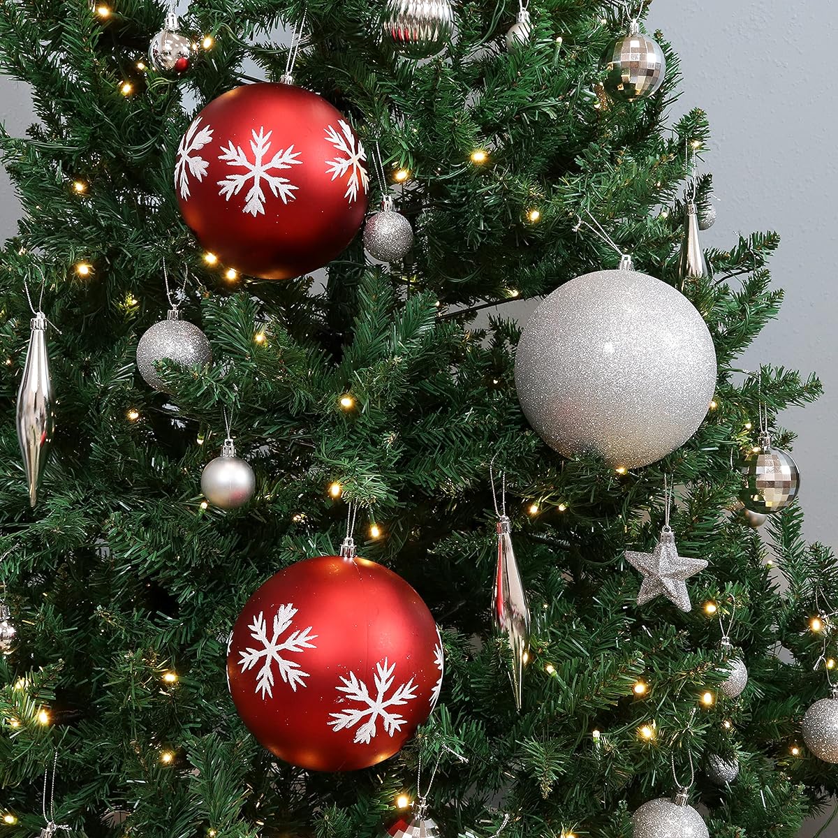 Sunnydaze 3pcs 6" Christmas Ball Ornaments with Hooks, Sparkly Bauble Style Tree Decorations Set for Holiday Decorations and Gatherings, Red/Silver