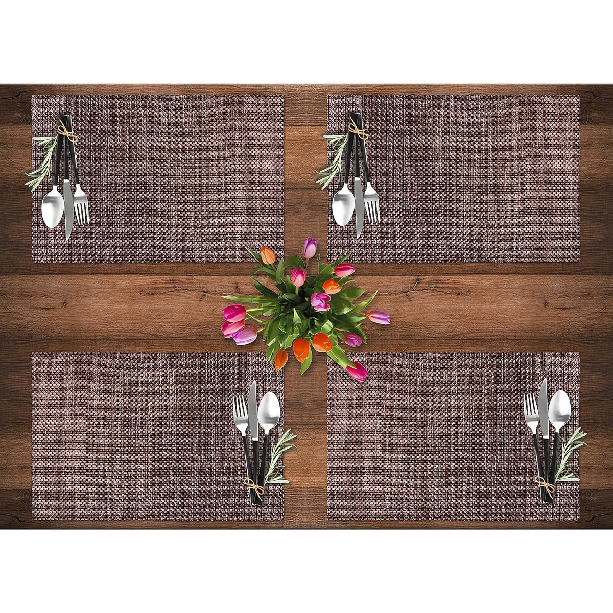 CK Home: Modern Style Set of 1 table runner and 4 placemats. Woven from durable vinyl/poly yarn. Easy to clean and store. Color: Brown, Coffee/Tan, Teal/Brown.
