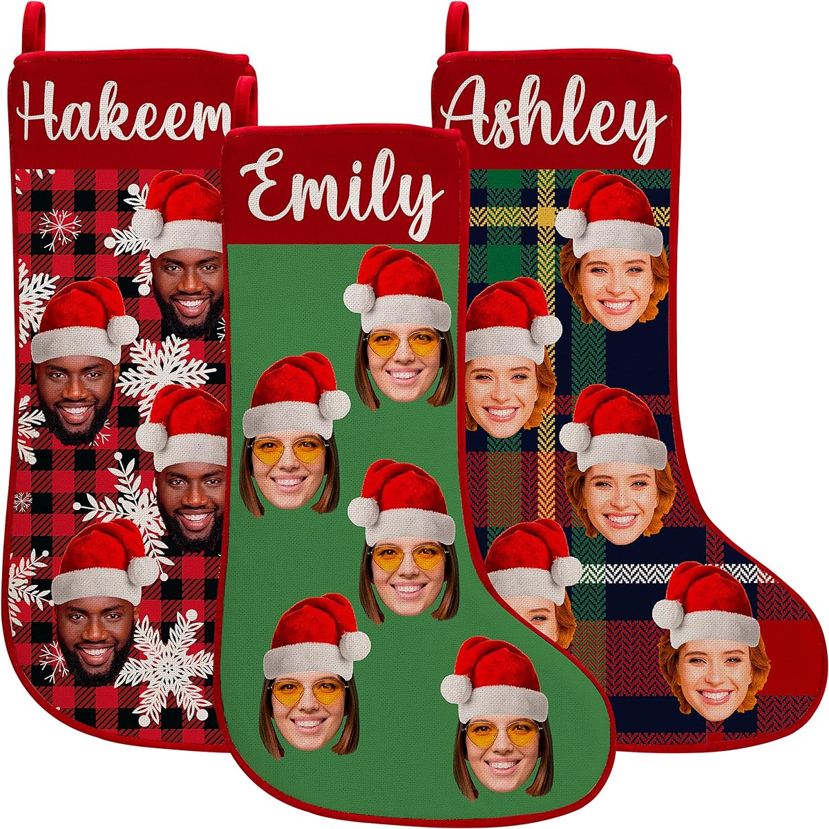 Multiple Faces Funny Christmas Photo Stockings with Names | 19 Inch - 13 Stocking Patterns | Custom Christmas 2022 Funny Stocking Gifts for Family, Friends