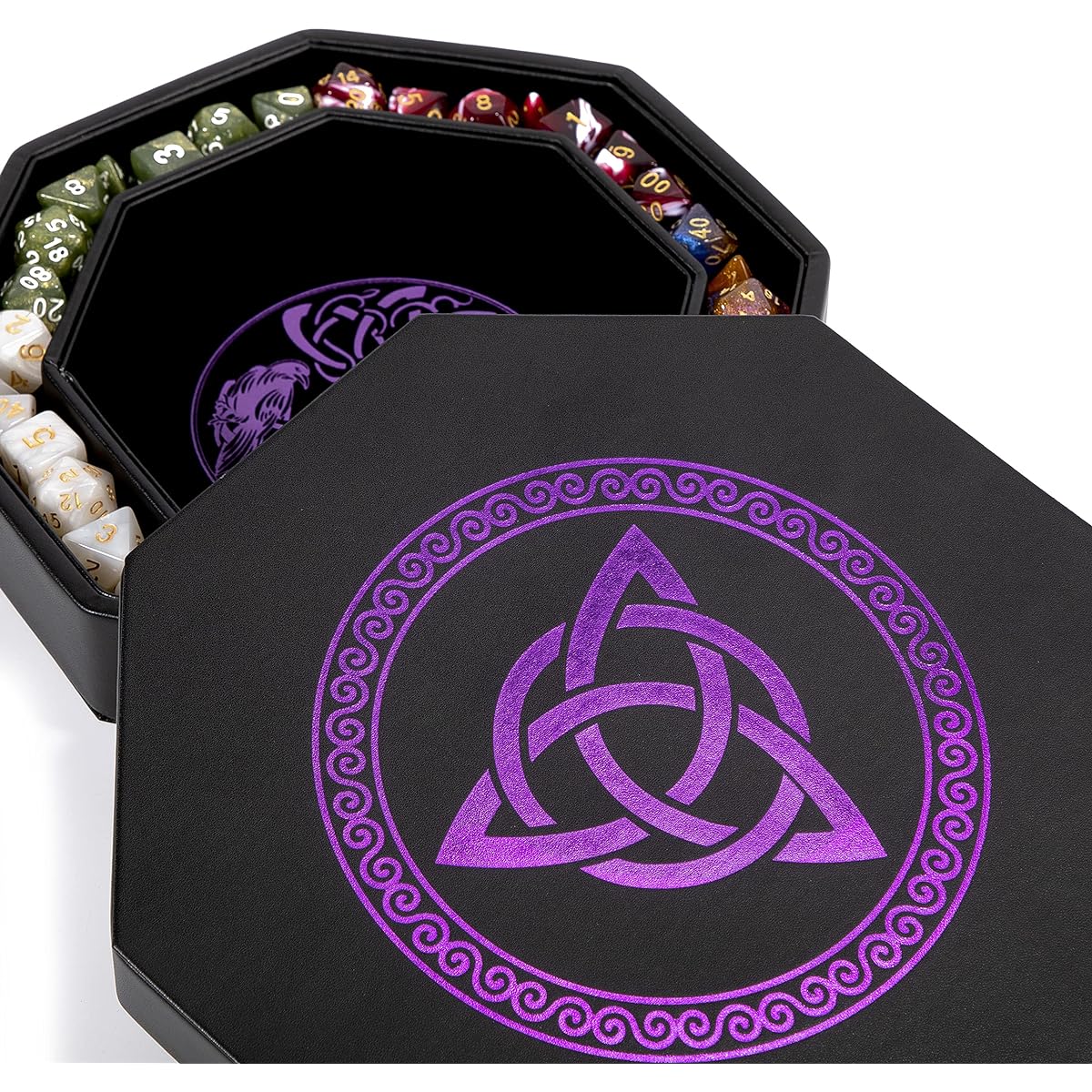 DND Dice Tray - Premium 8 Inch Dice Tray Dungeons and Dragons - Exquisitely Detailed Purple World Tree & Triquetra Design - Perfect RPG Dice Rolling Tray with D&D Dice Box Storage to Protect Dice