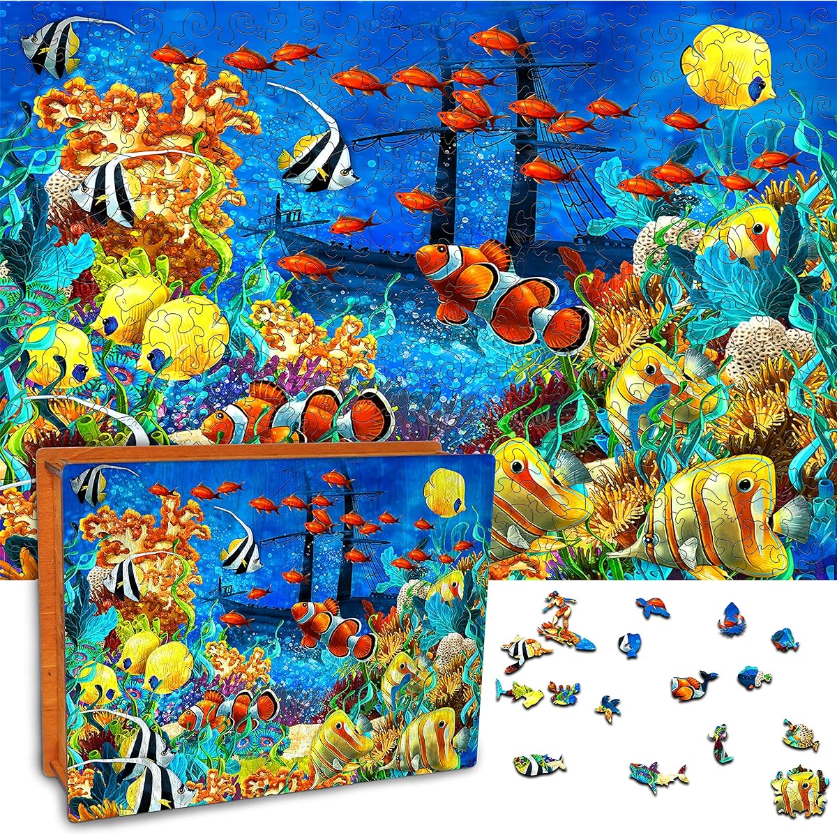 DEPLEE Canvas Wooden Jigsaw Puzzle, Underwater Fish Art Canvas Puzzle, Canvas Wall Art, Perfect Wooden Puzzle for Adults and Wooden Animals, Best Challenge Game | 400 Pieces | 12x18 Inch - King