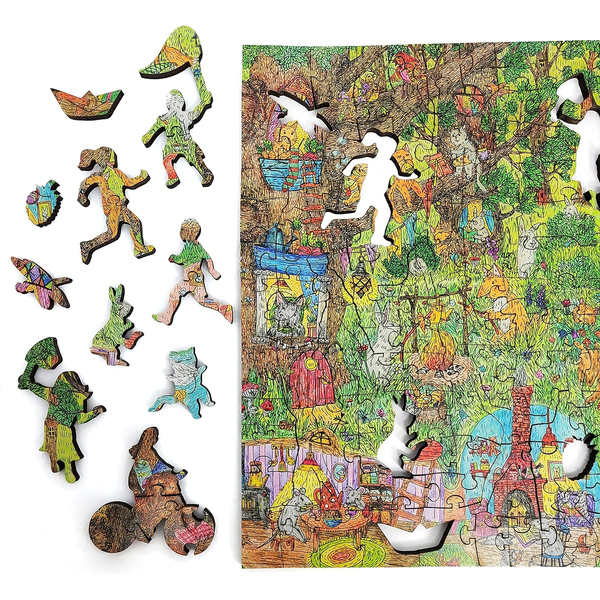 Wooden Jigsaw Puzzle for Adults with Uniquely Shaped Pieces - Made by FoxSmartBox - 245 Pieces - Fairy Forest Summer