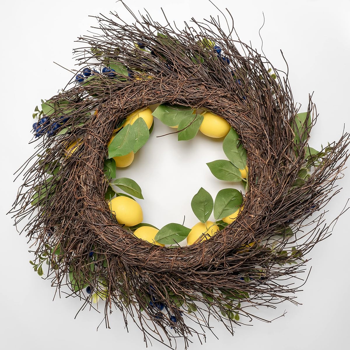 WangLaap Artificial Lemon Wreath - 22" Yellow Lemon and Blueberry Fall Wreath with Green Leaves for Front Door Wall Home Holiday Farmhouse Window Decor