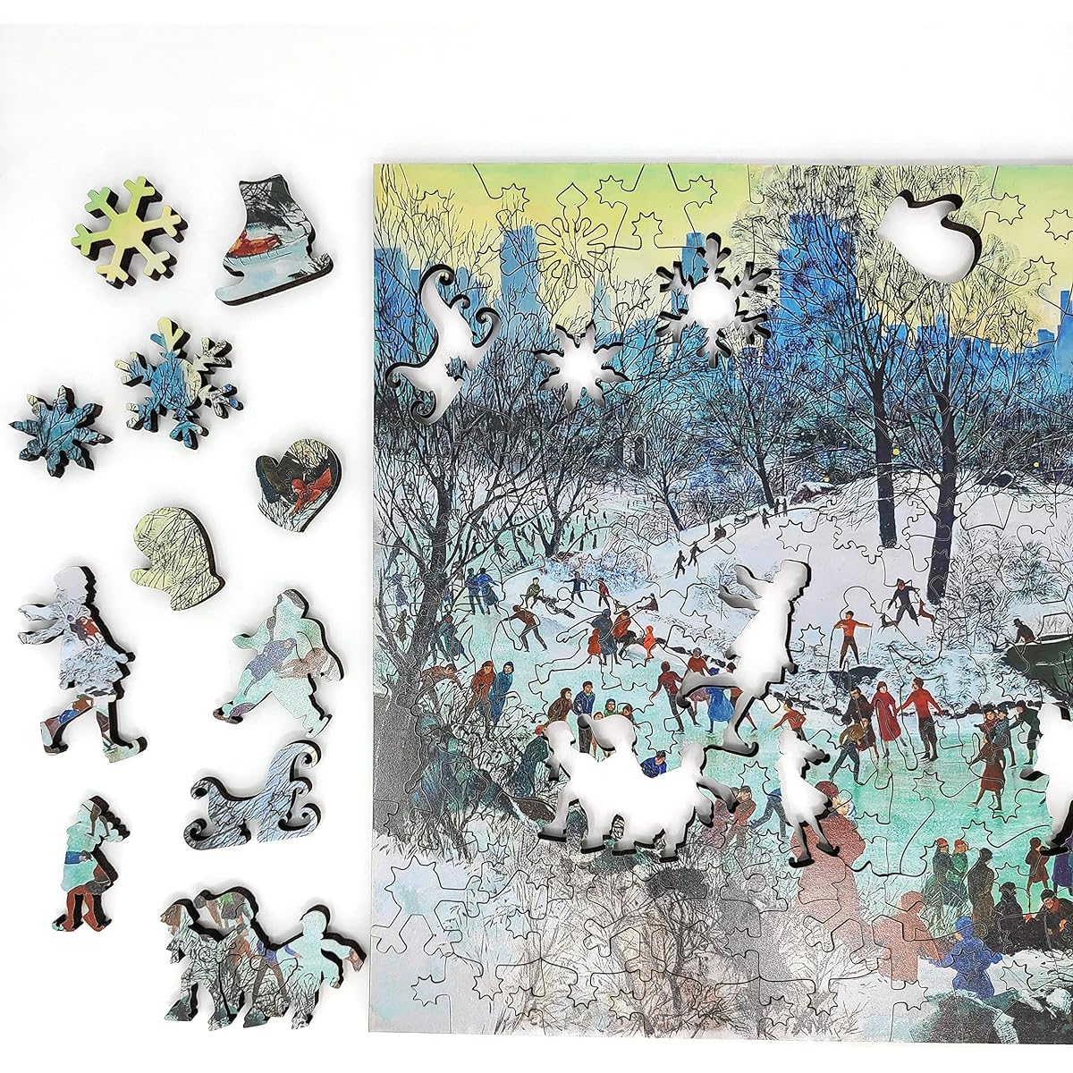 FoxSmartBox Wooden Jigsaw Puzzle for Adults - Uniquely Shaped Pieces - Made in the USA - 180 Piece - Skating in Central Park