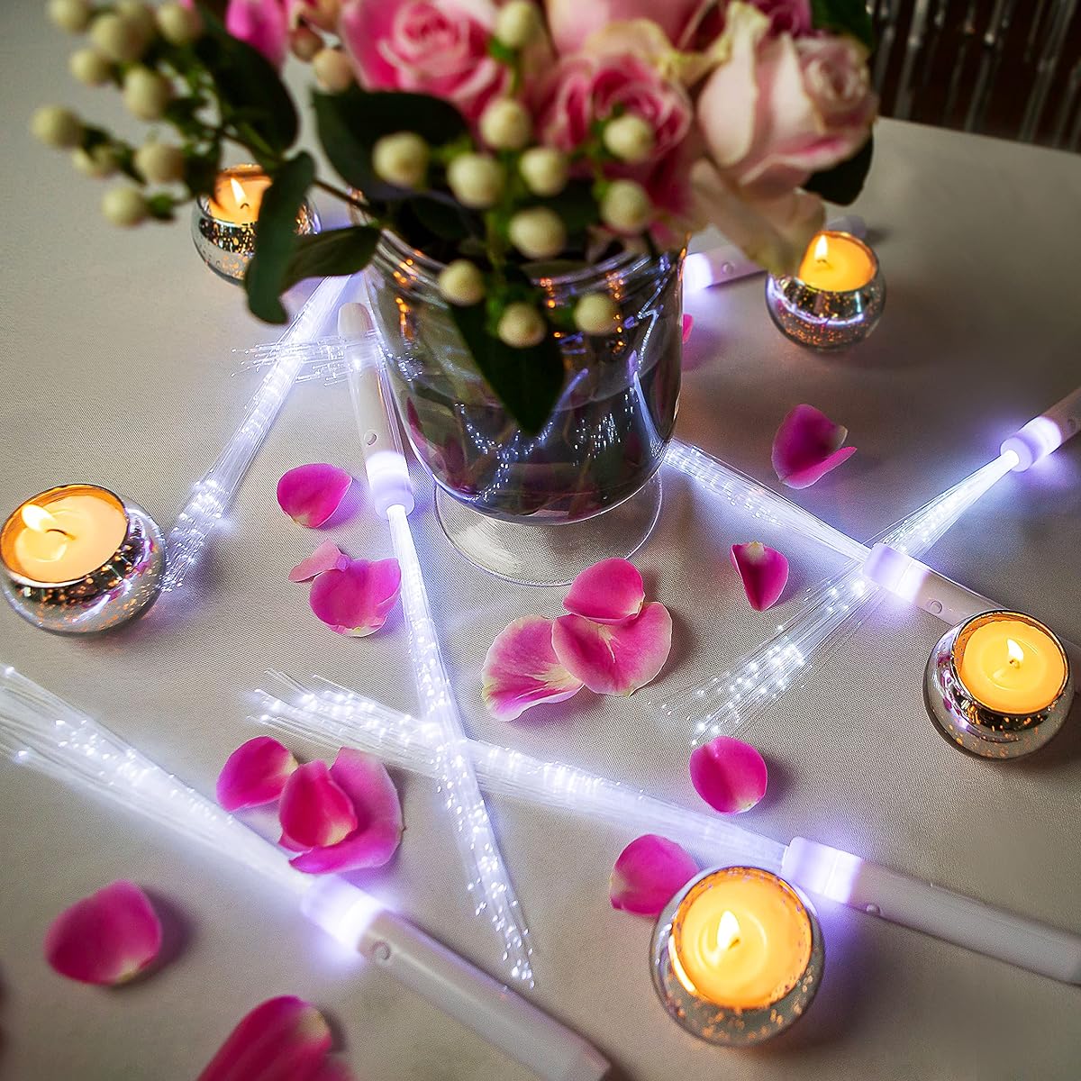 Perfect Party 20pc Fiber Optic Wands Glow Sticks Party Pack! White Light Up Wands Sparklers and Bracelets Set! 15pcs LED Light Sticks, 5 Bracelets and Batteries.