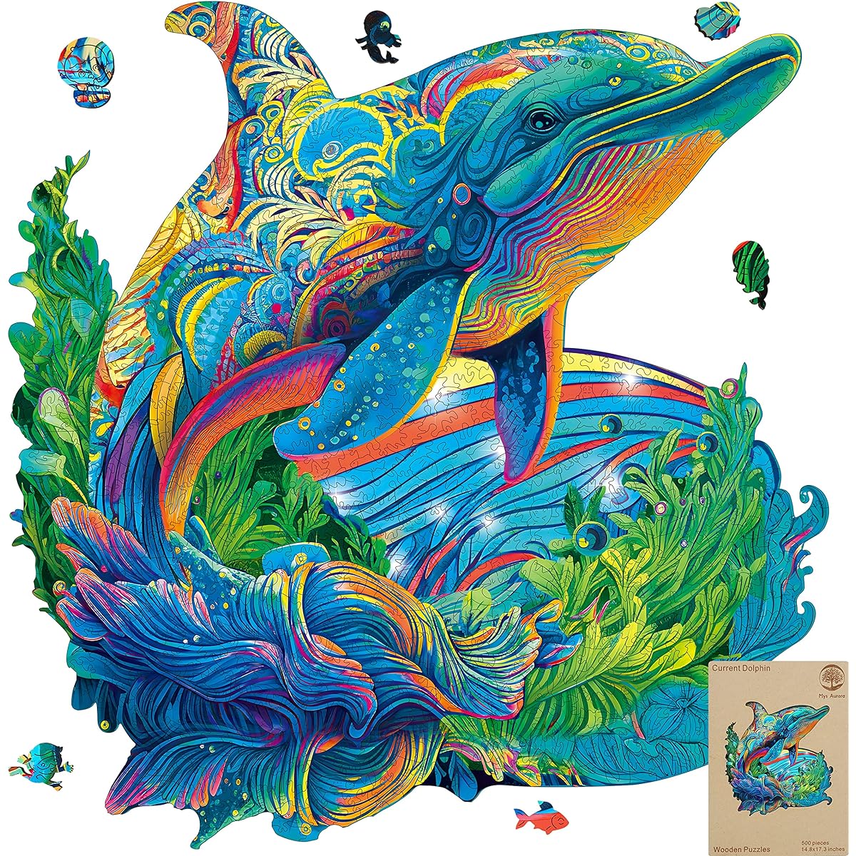 MYS Aurora Unique Wooden Jigsaw Puzzle - Present Dolphins 900 Pieces Royal Size 23.3" x 22.5" Luxury Animal Shape Wooden Puzzle Beautifully Packaged Great Gift for Adults and Kids Family Game