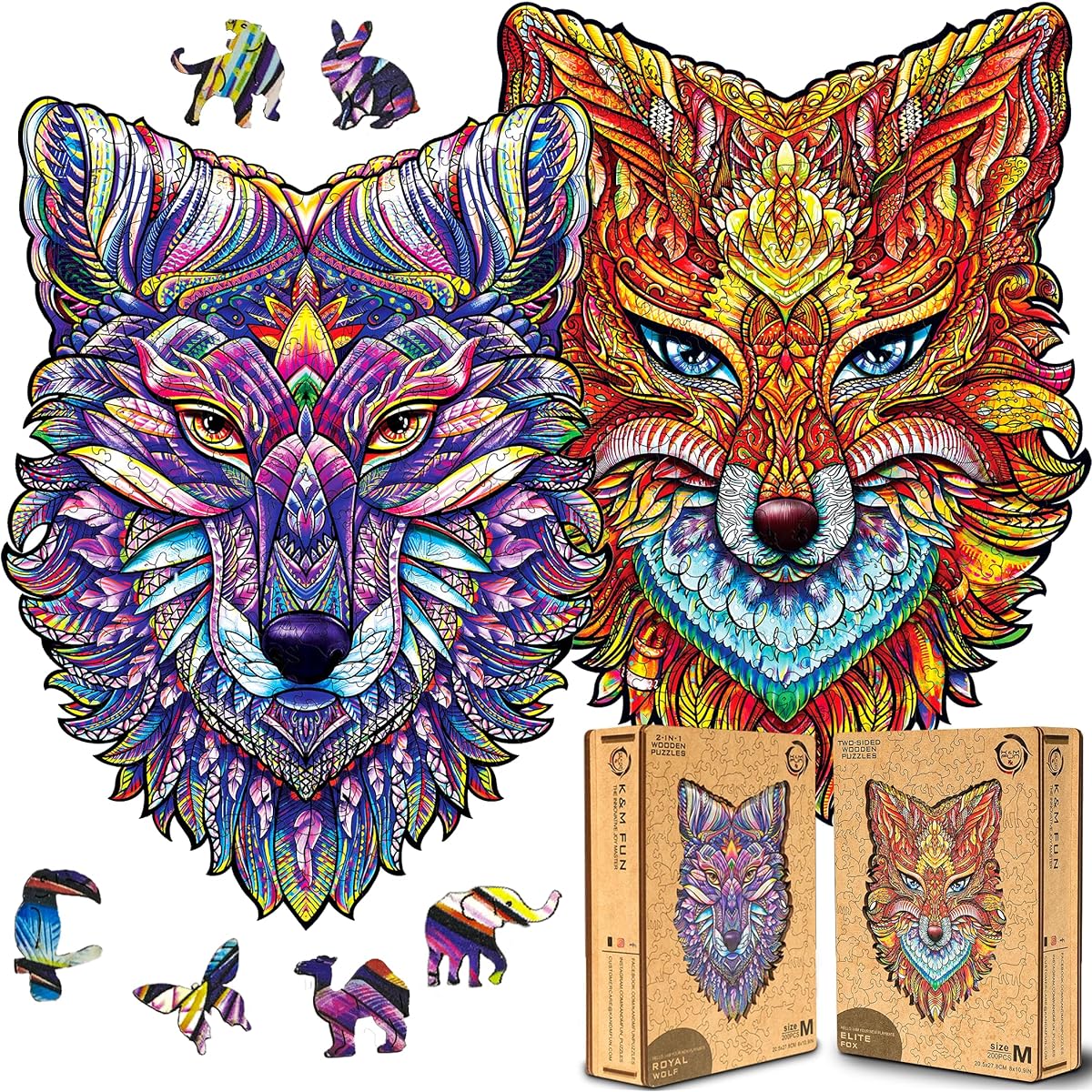 K&M FUN Double Sided Wooden Jigsaw Puzzle for Adults, 200 Pieces Royal Wolf/Elite Fox 8 x 10.9 inches, Unique Animal Shape Pieces, Best Gift in a Beautiful Box, Family Game Play
