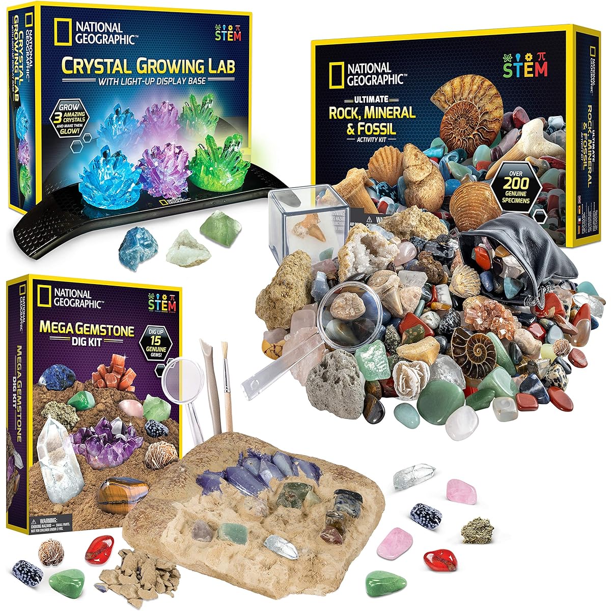 NATIONAL GEOGRAPHIC Geography Set - 3 Rocks, Fossils and Crystals Kit, Cultivate, Rock Salt, Minerals, Fossil Collection, Dig Up 15 Real Gems, Great STEM Science Kit for Boys and Girls