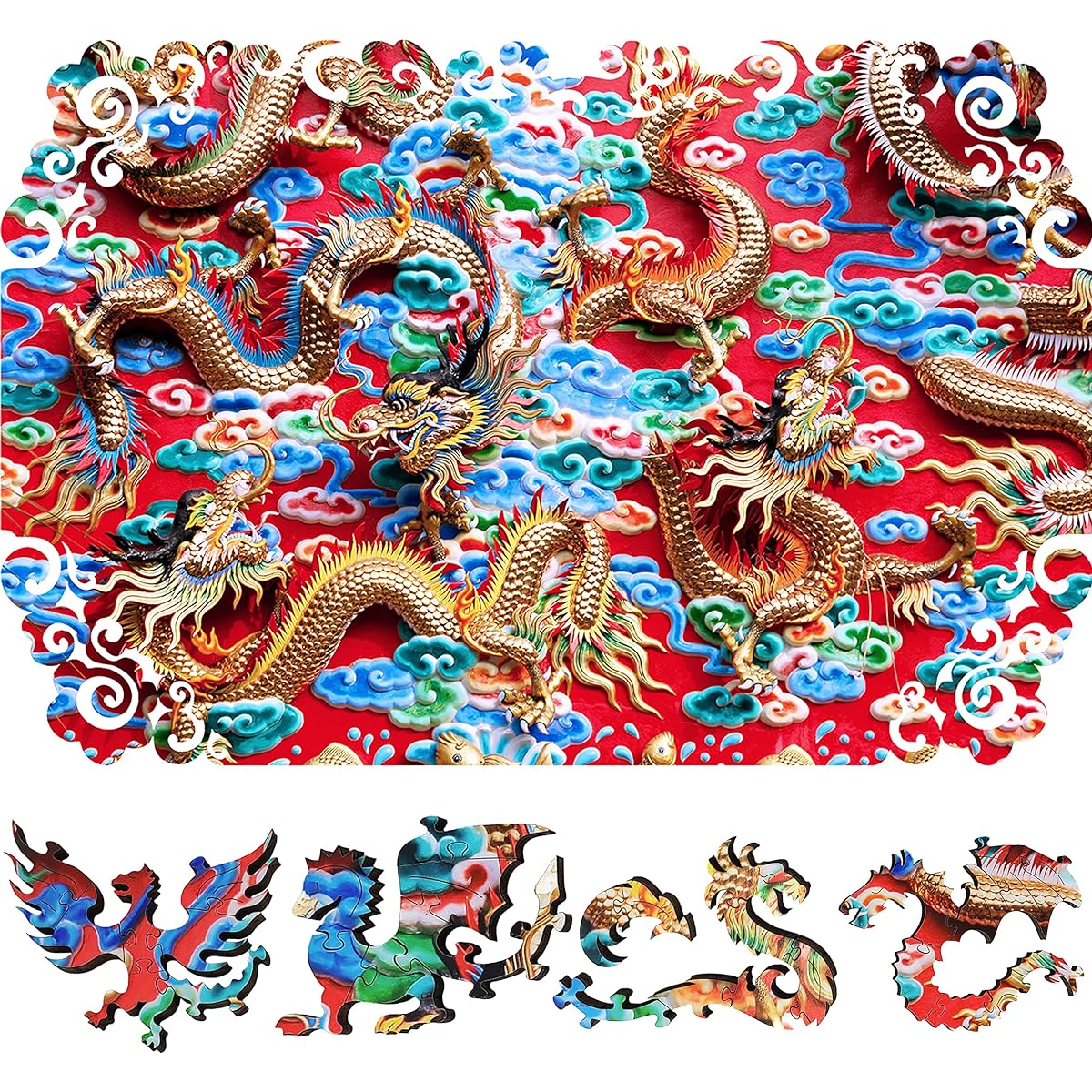 Wooden Jigsaw Puzzle for Adults with Uniquely Shaped Pieces - FoxSmartBox Made in the USA - 290 Pieces - Mystery of the Golden Dragon