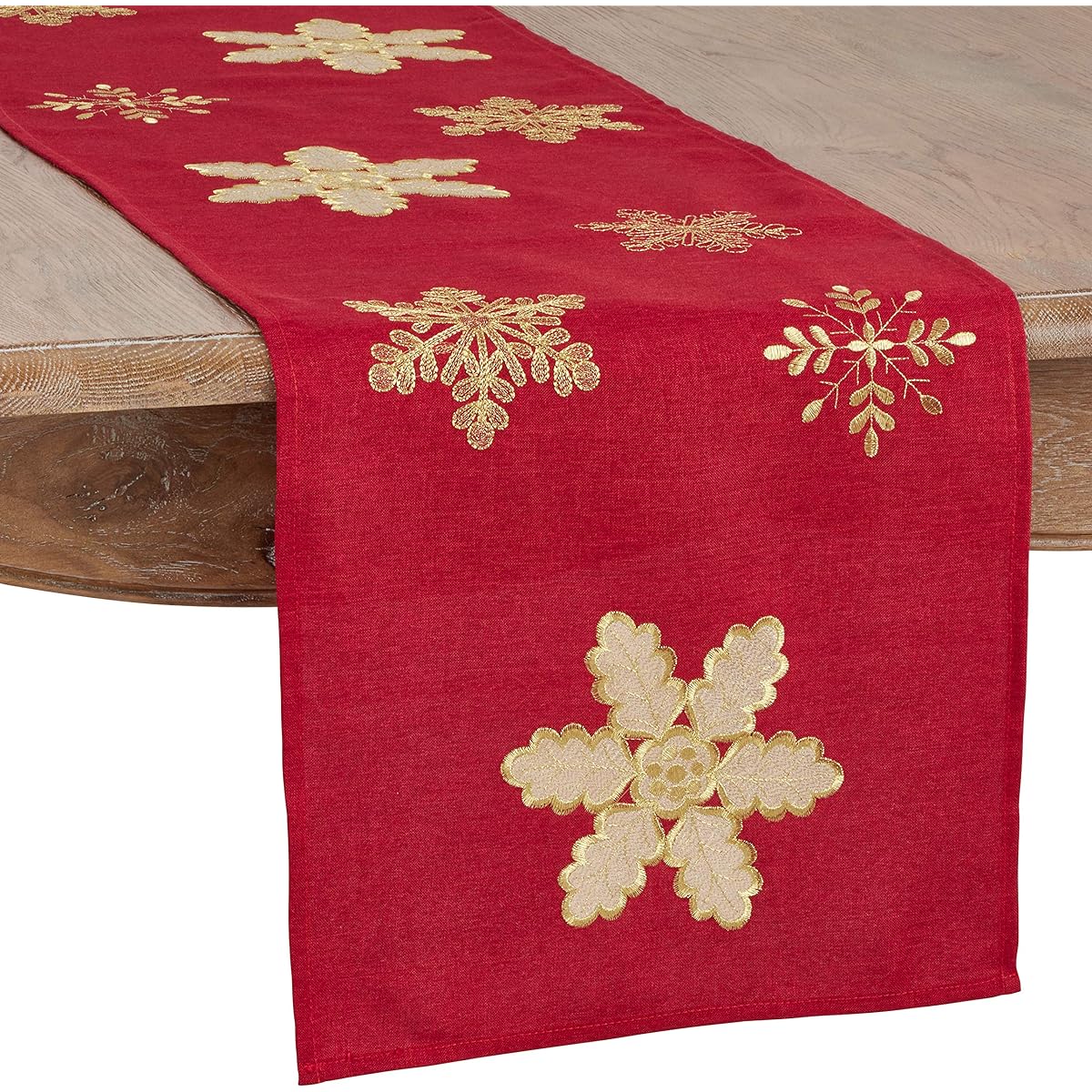 SARO LIFESTYLE Nev D'oro Design Long Table Runner Snowflake Embroidery 16" x 72" Red