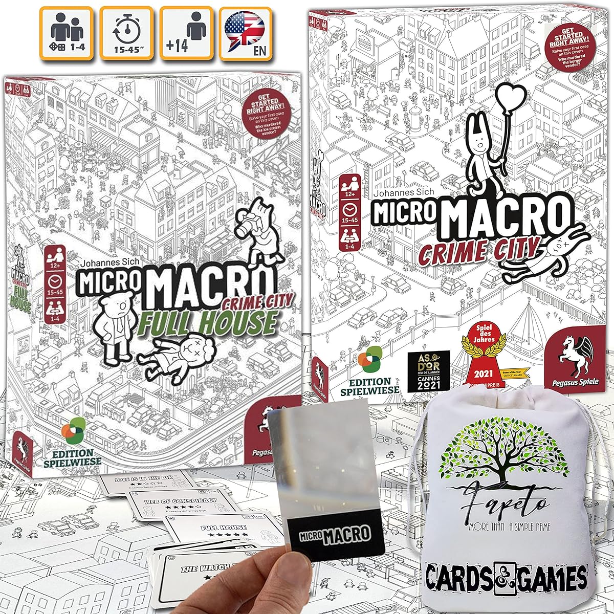Detective Cooperative Board Game Crime City and Crime City Full House Bundle with Random Color Drawstring Bag and Random Color Marker Token Pack Compatible with MicroMacro Crime City Games