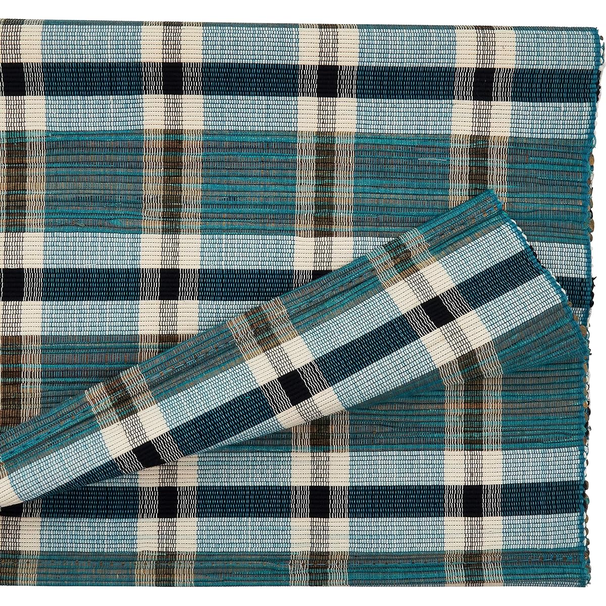 SARO LIFESTYLE Kalama Collection Plaid Water Hyacinth Table Runner, 14" x 72", Turquoise