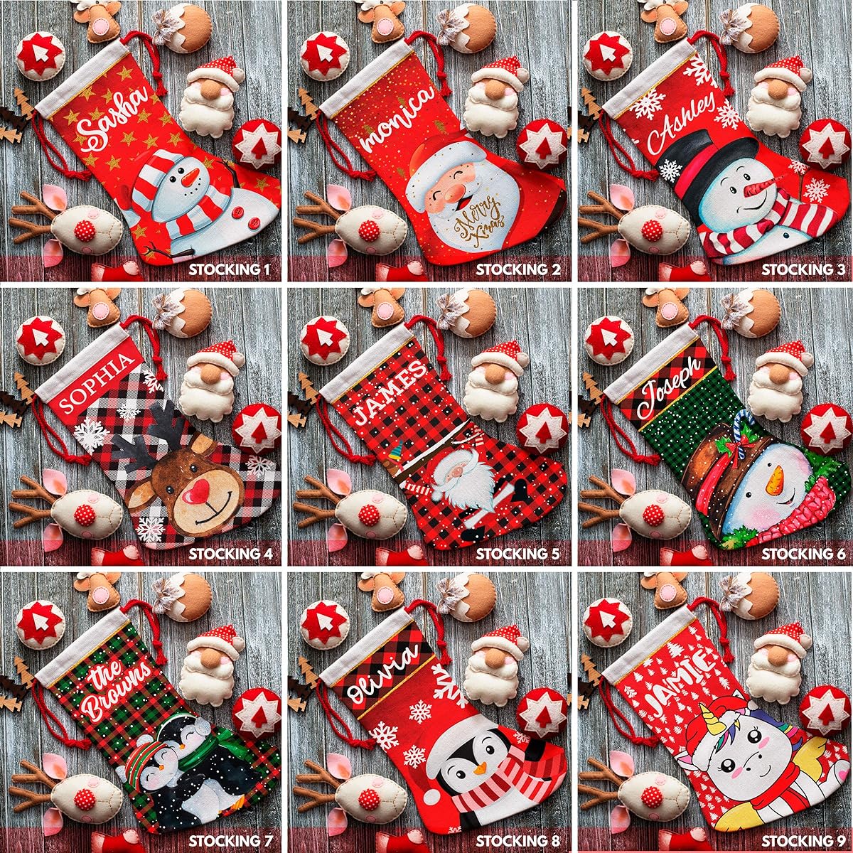 Personalized Christmas Stockings 9 Patterns | 12 Fonts - 16" Custom Name Stockings with Reindeer, Penguin, Santa, Unicorn, Snowman, Fireplace, Holiday Stocking Decorations, Great Gifts for Family