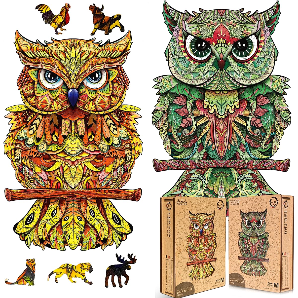 K&M FUN Double Sided Wooden Puzzle for Adults 200 Pieces - Burning Owl/Marvelous Owl - 8 x 10.9 inches - Unique Jigsaw Puzzle & Animal Shape Pieces - Best Gift in Beautiful Packaging - Family Game Play