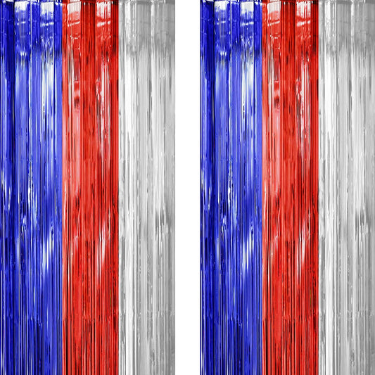 2pcs Independence Day April Party Tinsel Foil Fringe Curtains - American Theme Baby Shower President Birthday National Day Patriotic Party Photo Backdrop Props Decorations