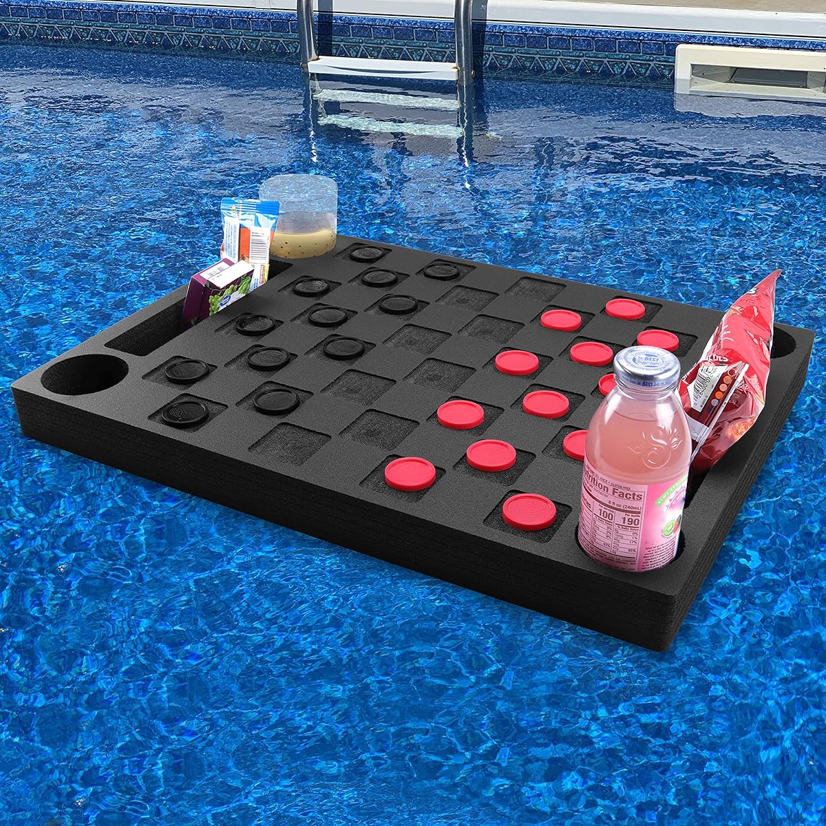 Bowhead Whale Floating Checkerboard Table Drink Holder for Swimming Pool or Beach Party Float Lounge Refreshing Durable Black Foam UV Resistant with Cup Holder 2 Feet Wide Checkered