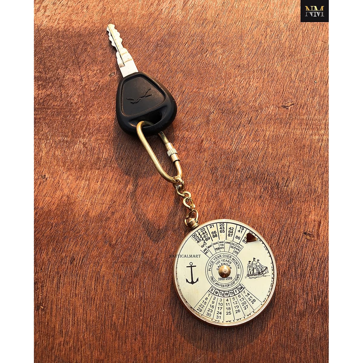 Nautical 100 Years Perpetual Calendar & World Timer Keychain Brass Keychain Keyring, Brass, Small