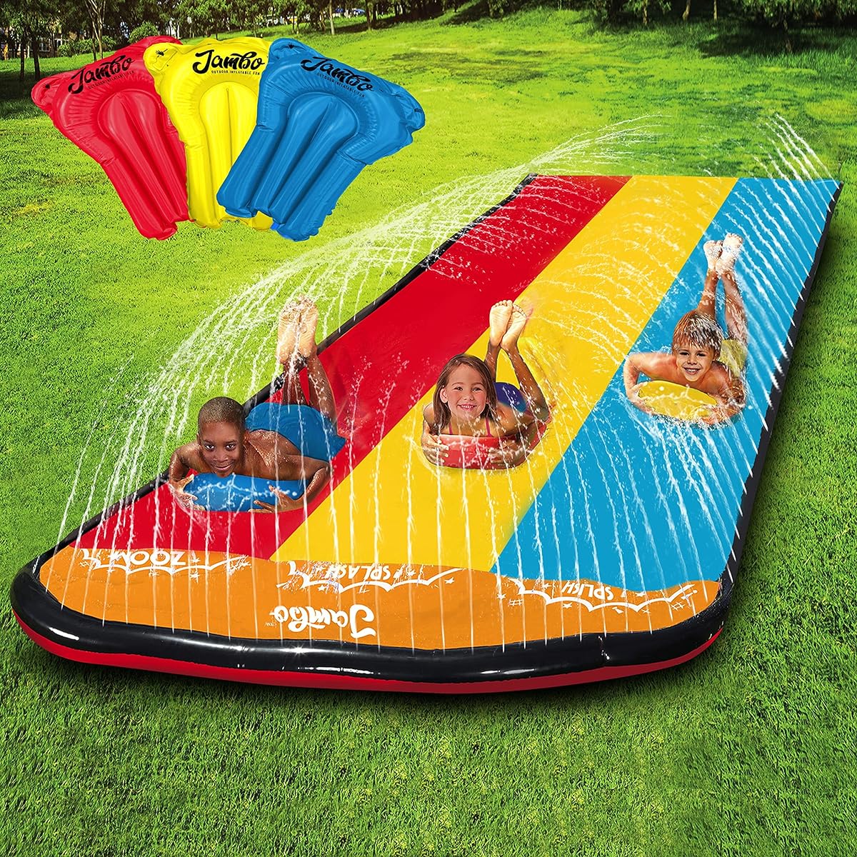 Jambo 3 Lane Slip Splash & Slide (2021 Model) Backyard Water Slide with 3 Boogie Boards, 16', 3 Lanes of Slip and Race, Sprinklers, Durable PVC