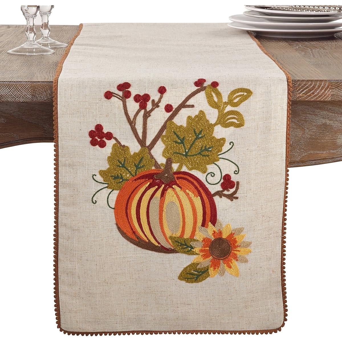 Fennco Style Embroidered Pumpkin Colletion Holiday Thanksgiving Table Runner