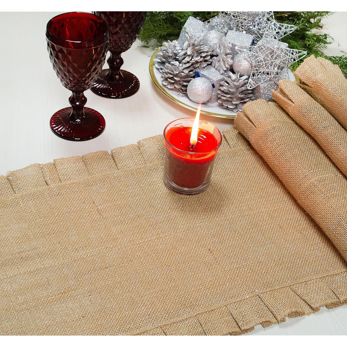 Chardin home Natural jute burlap with metallic silver pleated ruffles