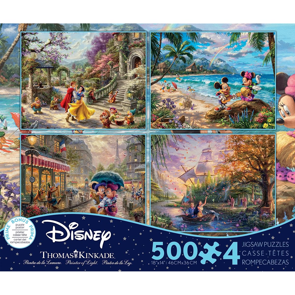 Thomas Kinkade Disney Multipack (4) 500 Piece Jigsaw Puzzles with Snow White, Mickey & Minnie Mouse, & Pocahontas