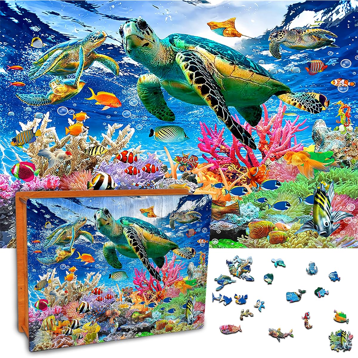 DEPLEE 1000 Piece Wooden Jigsaw Puzzle Sea Creatures Canvas Wall Art, Perfect Wooden Puzzle for Adults and Friends, 23.5x35 Inch, Super Big