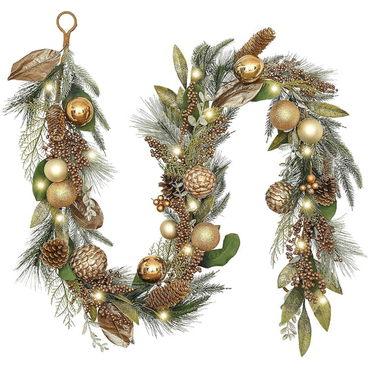 Valery Madelyn Pre-Lighted 6 Foot Woodland Christmas Garland with 20 LED Lights and Ball Ornaments for Front Door Window Fireplace Mantle Christmas Decorations Battery Operated