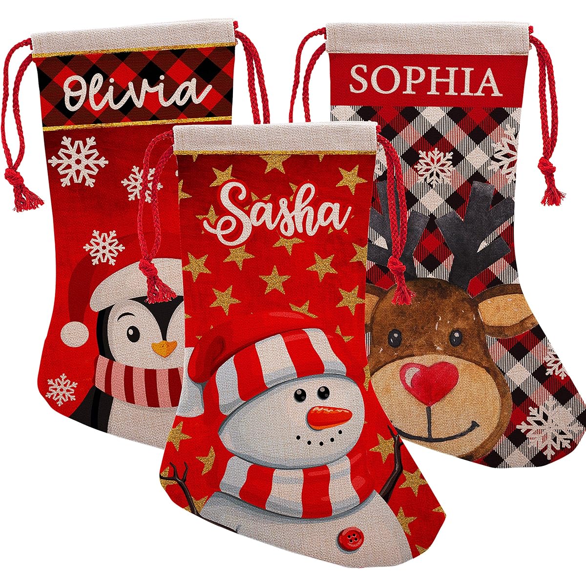 Personalized Christmas Stockings 9 Patterns | 12 Fonts - 16" Custom Name Stockings with Reindeer, Penguin, Santa, Unicorn, Snowman, Fireplace, Holiday Stocking Decorations, Great Gifts for Family