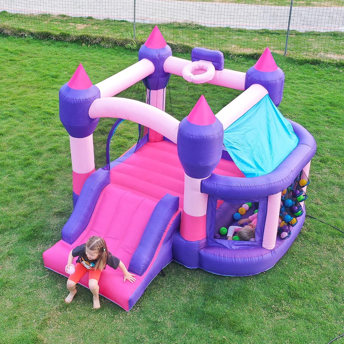 RETRO JUMP Bouncy House for Kids, Outdoor Kids Bounce House, Inflatable Bounce House with Blower, Bounce Ball, Pit & Basketball Rim, Ocean Ball, Stakes, Repair Kit, Storage Bag