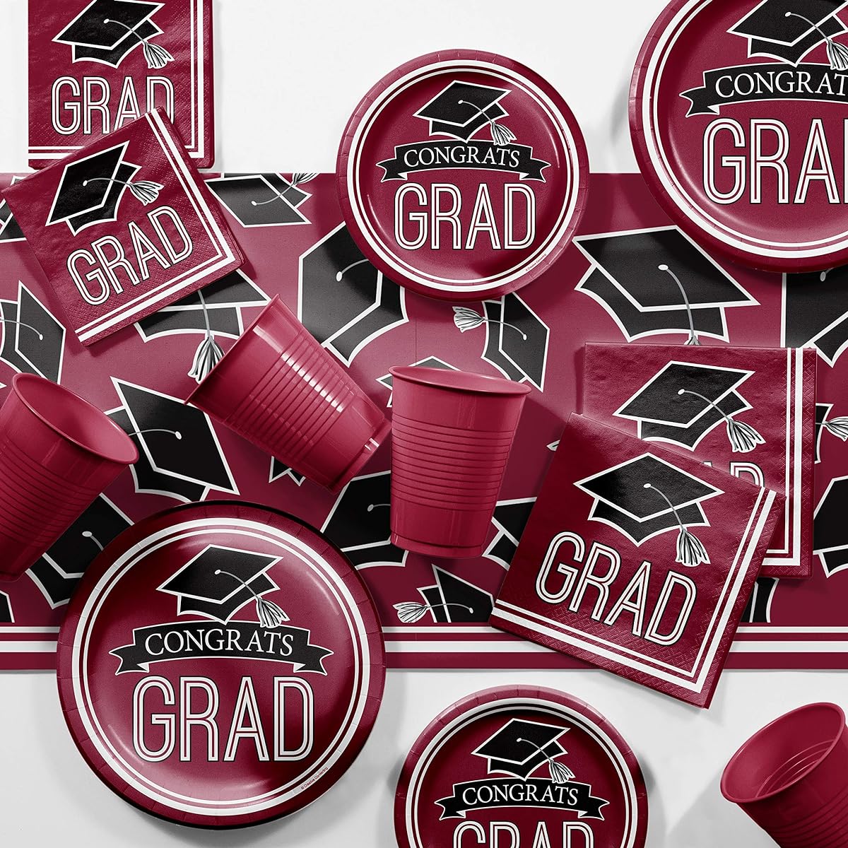 Graduation School Spirit Burgundy Red Party Supplies Kit Serves 36