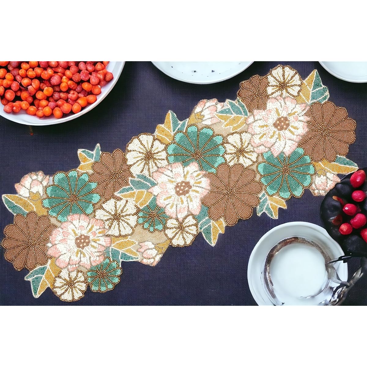 Handmade Embroidered Beaded Table Runner for Tabletop - Home Decor Mat for Wedding Party Baby Shower Family Gatherings - Pink/Light Brown