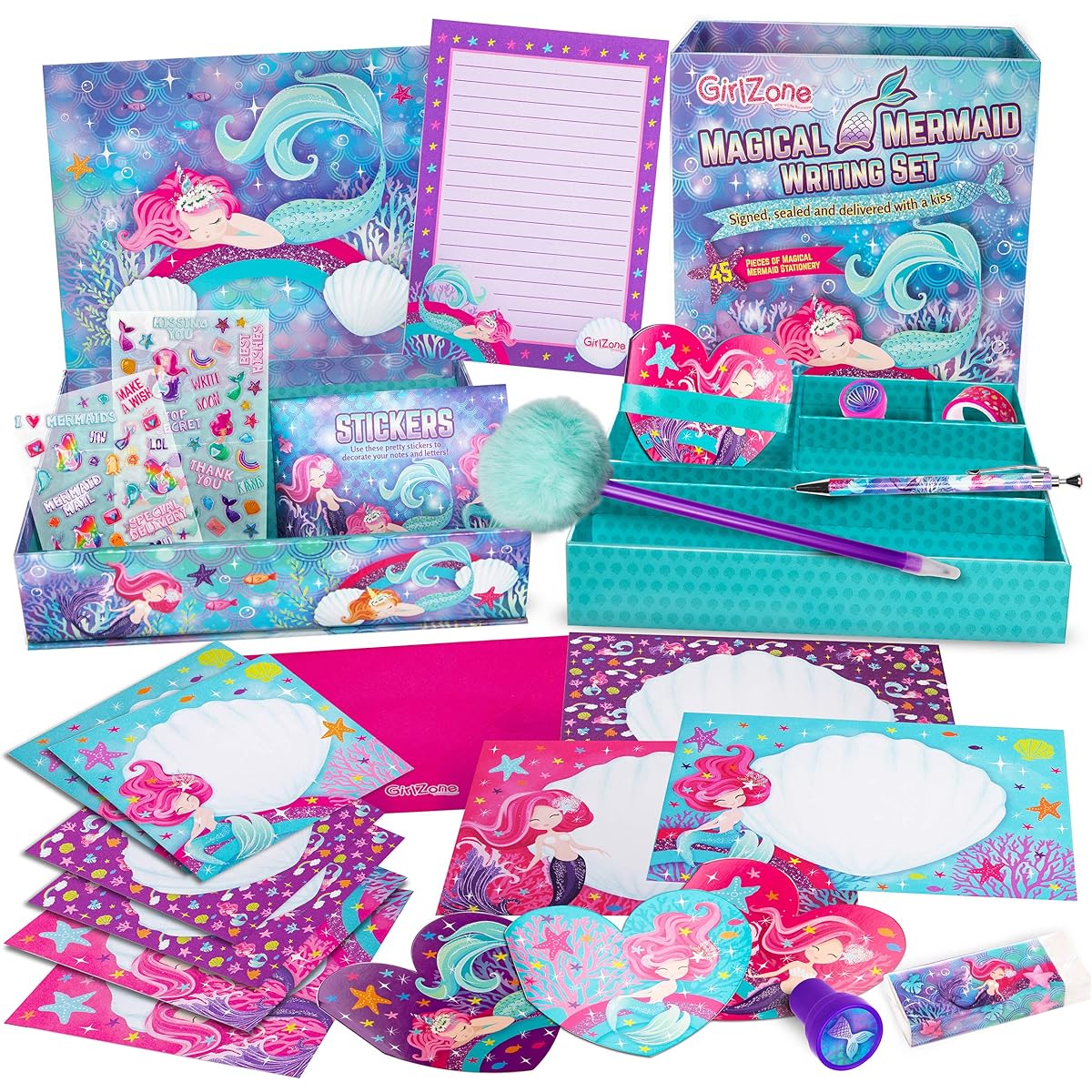 GirlZone Mermaid Stationery Gift Set for Girls - 45 Piece Letter Writing Kit with Envelopes, Paper, Cards and More - Best Mermaid Gifts for Girls Ages 9-12