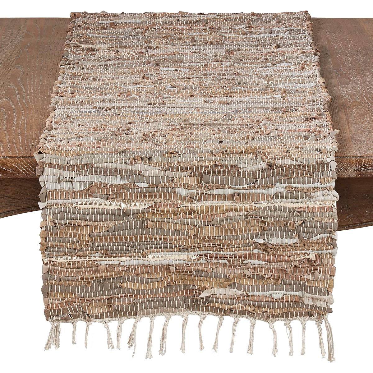 Fennco Styles Woven Chindi Leather Cotton Bohemian Decorative Down Fill Throw Pillow 16"x72" Table Runner, Beige