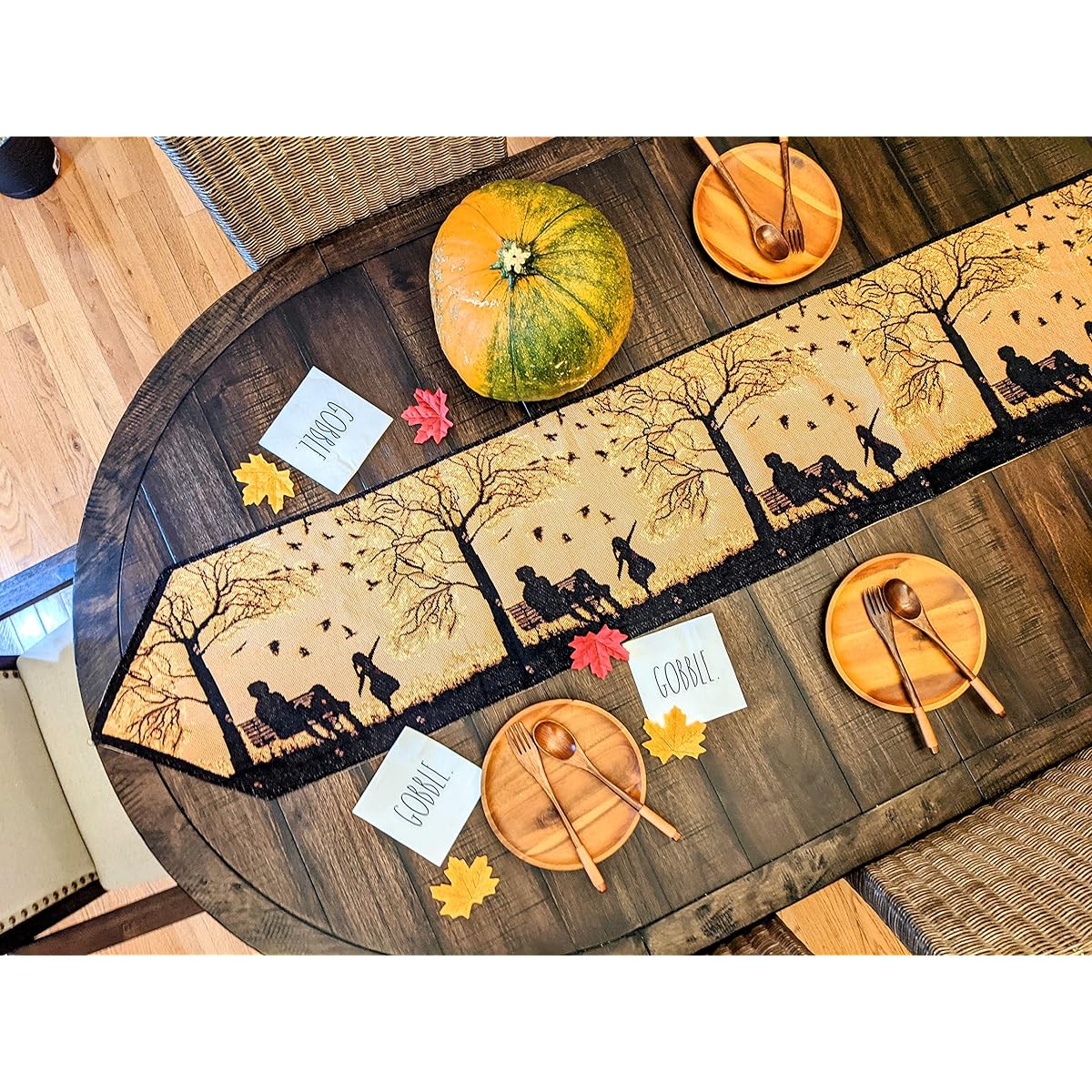 DaDa Bedding Fall Style Table Runner - Tapestry Woven Collect Family Blessings for the Daughters - Orange Tan Black Decorative Cotton Linen Woven Dining Table Mat for Fall Decor - 13 x 72 inches