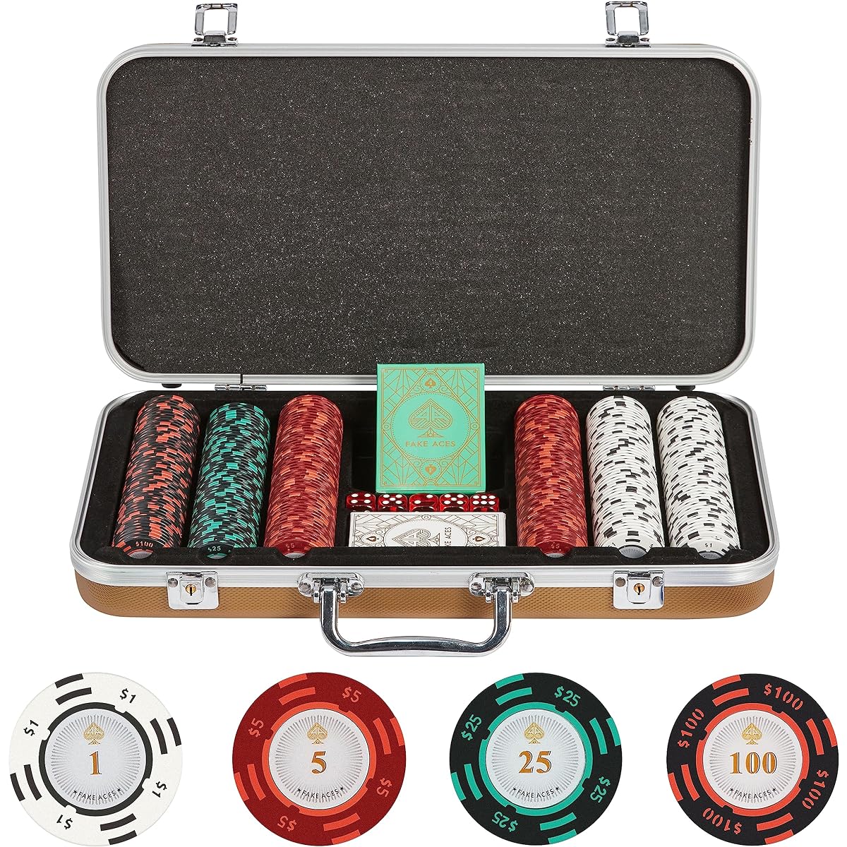 Faux ACES-300 Piece 14 Gram Clay Composite Poker Chip Set with Case, Premium Playing Cards, 5X Dice, Casino Quality Poker Chips with Denomination Numbers, Texas Hold'em Poker Set, Casino Games