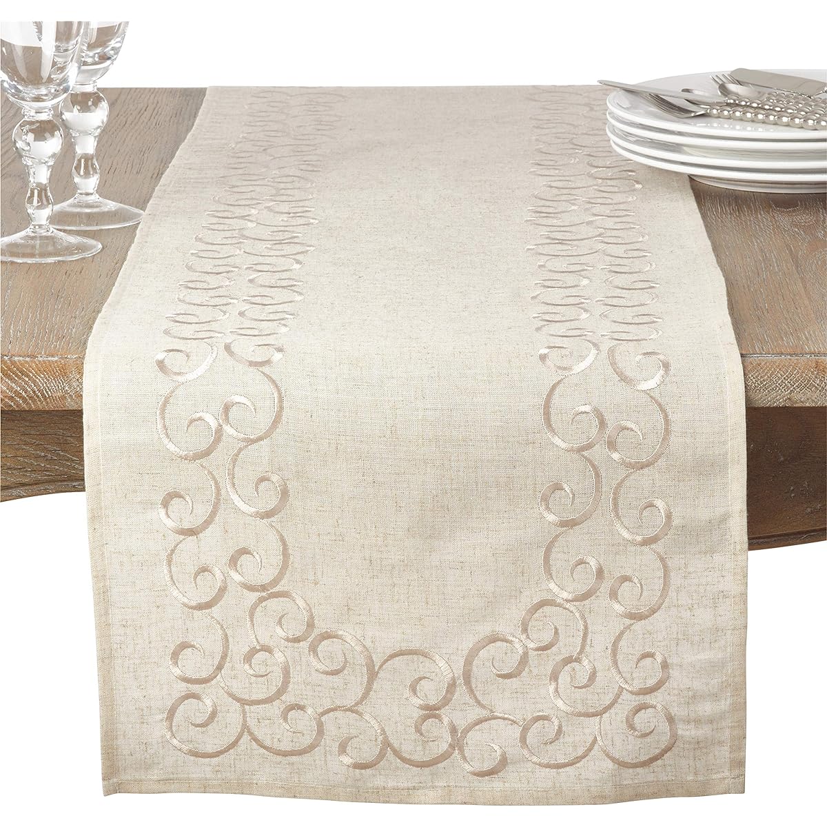 SARO LIFESTYLE Swirl Collection Embroidered Design Linen Blend Table Runner 16" x 108", Natural
