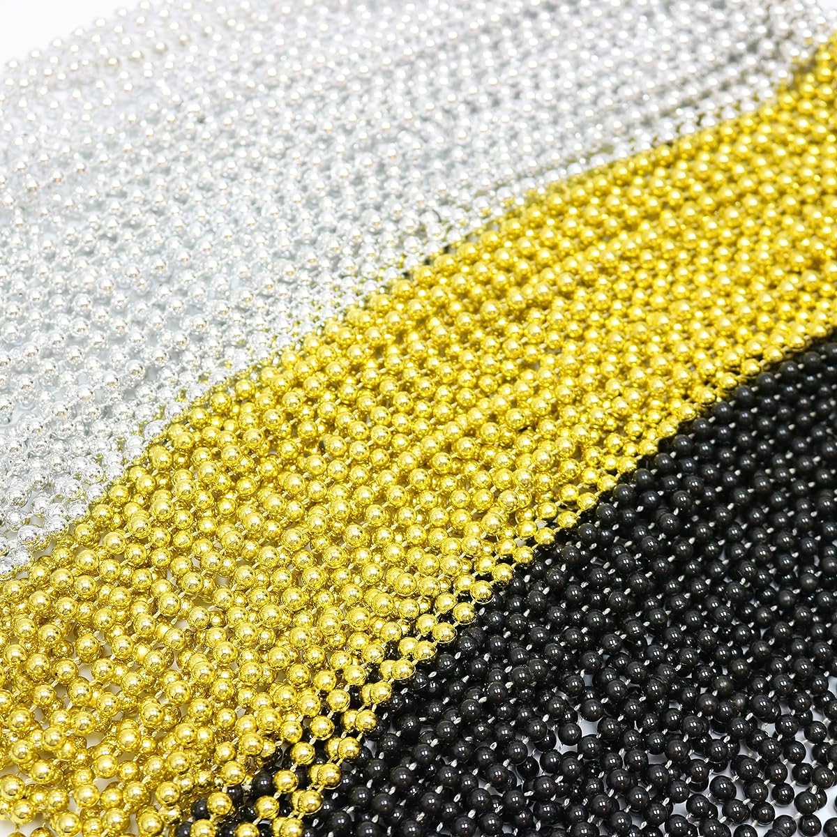GIFTEXPRESS 33 Inch Mardi Gras Bead Necklace Metallic Black Gold Silver Bead Necklace Mardi Gras Throw Party Bead Costume Necklace Pack of 72, Plastic, No Gemstones.