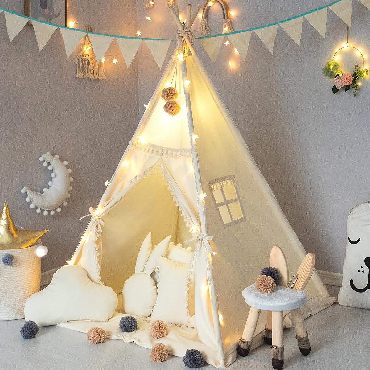 TreeBud Kids Teepee Tent with Padded Mat, Banner, Fairy Lights, Yarn Balls and Carry Bag - Beige Cotton Canvas Play Tent for Kids with Tassels, Lace Playhouse Teepee Kids Room Decor