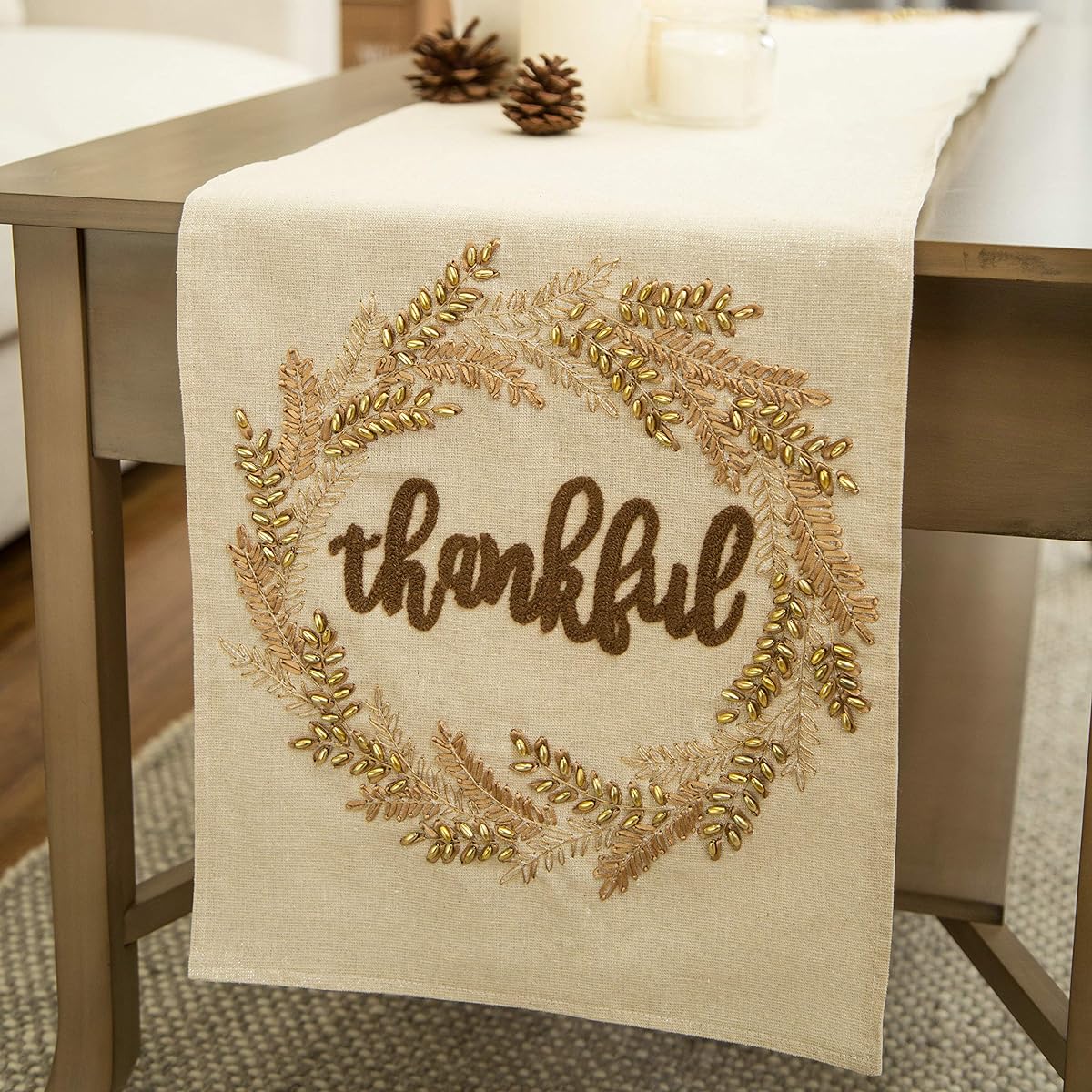 Glitzhome Linen Table Runner Embroidered Leaf Pattern Fall Harvest Decorations 72" Inches (Long) 1211202519