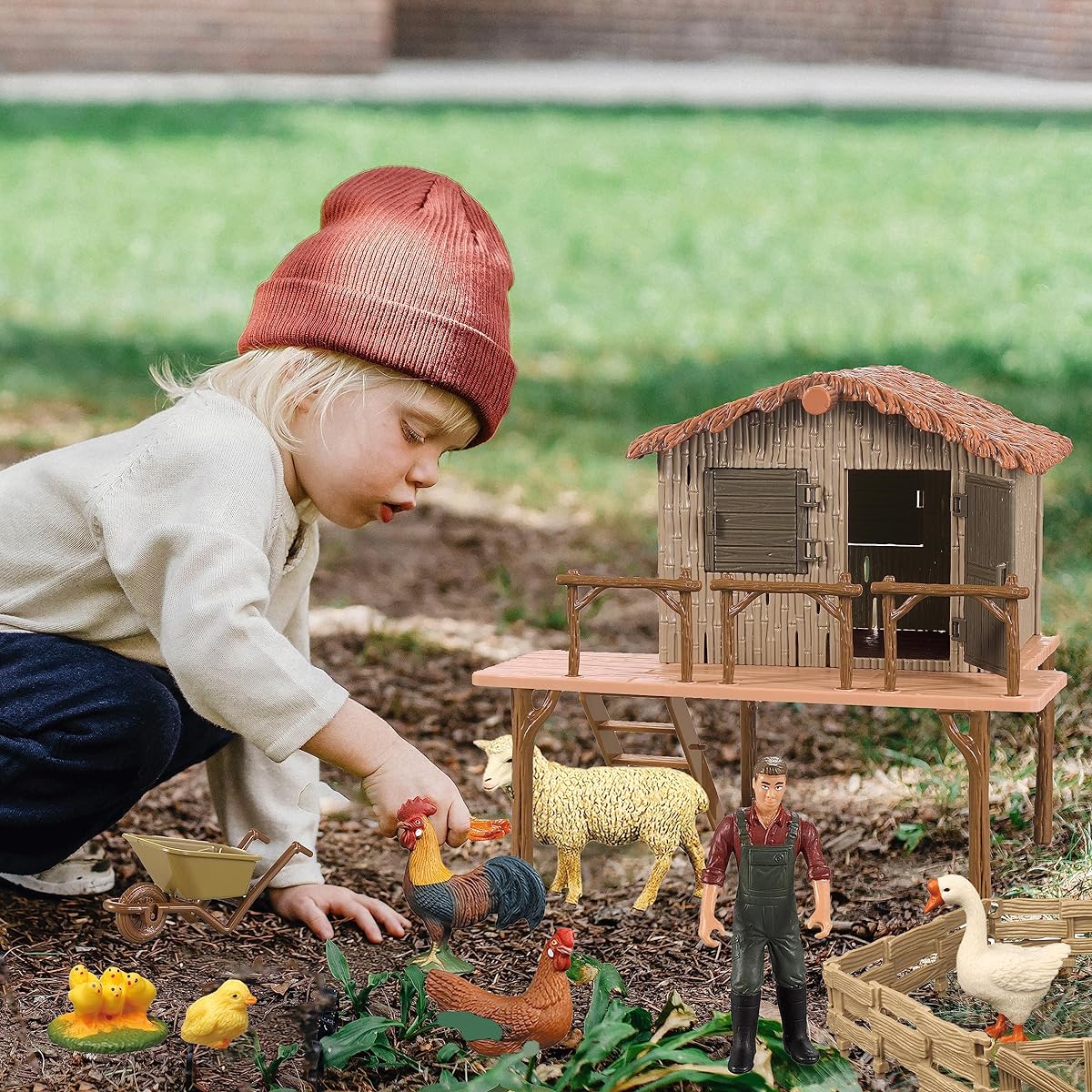 Peagprav Farm Toy Playset Animal Figures Chicken Figurines DIY Coop Model Rabbit Hutch Bunny Toy Set Action Figure Fence Birthday Party Gifts for Kids Ages 3-8