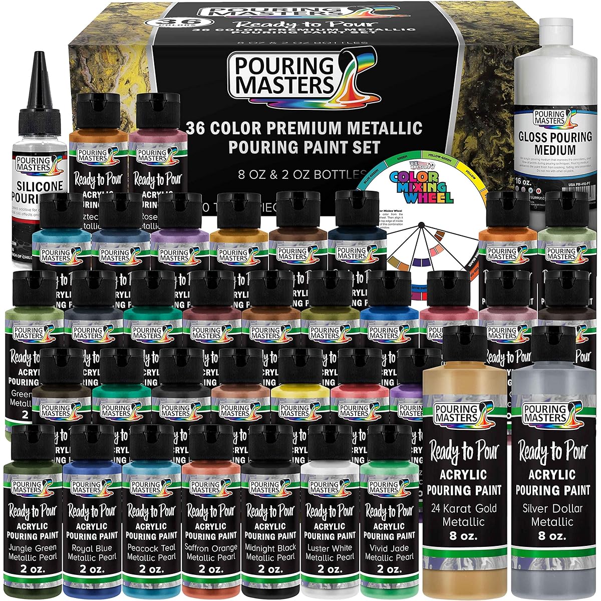 Pouring Masters 36 Color Metallic Ready-to-Pour Acrylic Pouring Paint Set, Silicone Oil & Gloss, Medium, Premium Mixing, High Flow, 2oz & 8oz Bottles for Canvas, Wood, Paper, Crafts