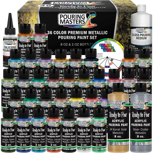 Pouring Masters 36 Color Metallic Ready-to-Pour Acrylic Pouring Paint Set, Silicone Oil & Gloss, Medium, Premium Mixing, High Flow, 2oz & 8oz Bottles for Canvas, Wood, Paper, Crafts