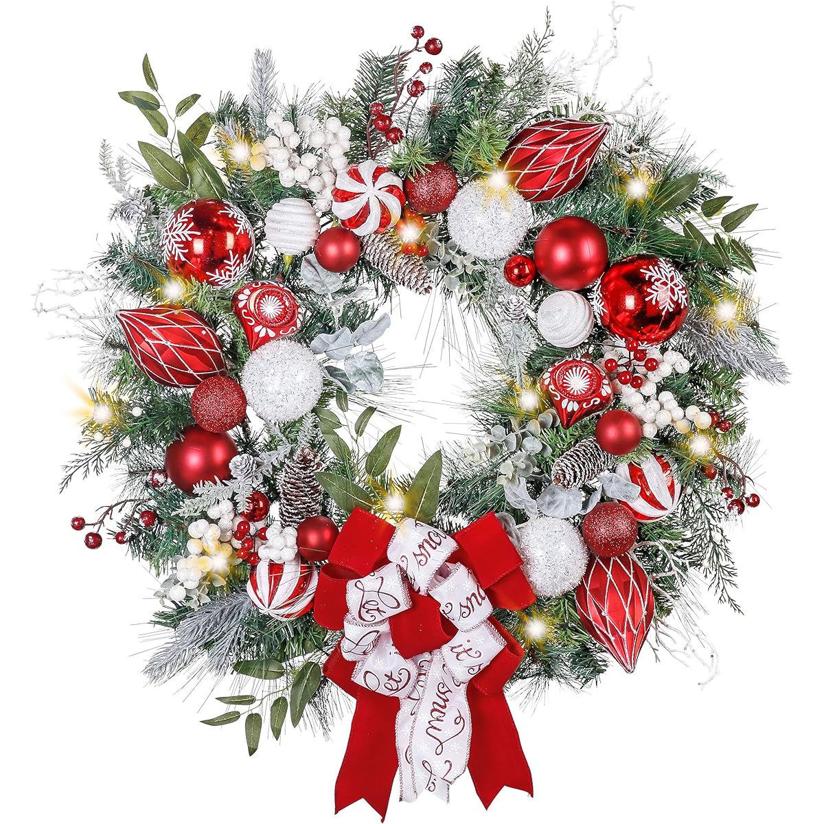 Valery Madelyn 30" Traditional Red White Large Lighted Christmas Wreath for Front Door with Ball Ornaments, Berries, Battery Operated, 40 LED Lights, Fireplace Christmas Decorations