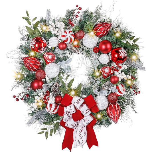 Valery Madelyn 30" Traditional Red White Large Lighted Christmas Wreath for Front Door with Ball Ornaments, Berries, Battery Operated, 40 LED Lights, Fireplace Christmas Decorations